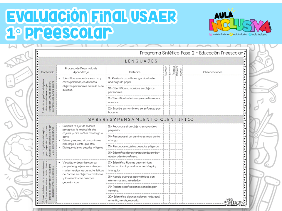 Evaluación Final USAER 1° Preescolar