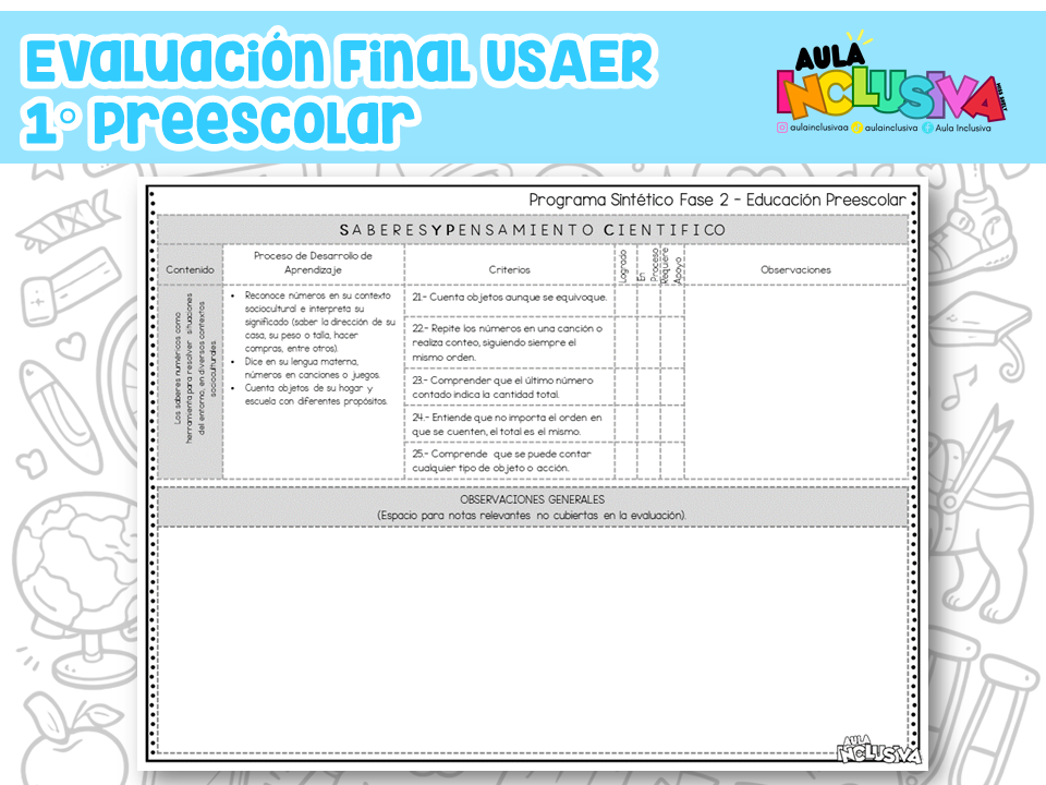 Evaluación Final USAER 1° Preescolar